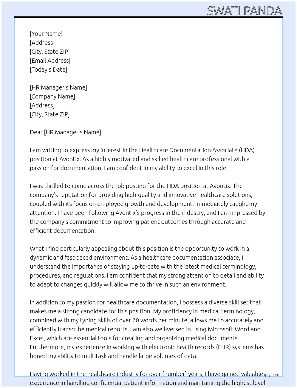 Healthcare Documentation Associate -HDA At Avontix Cover Letter