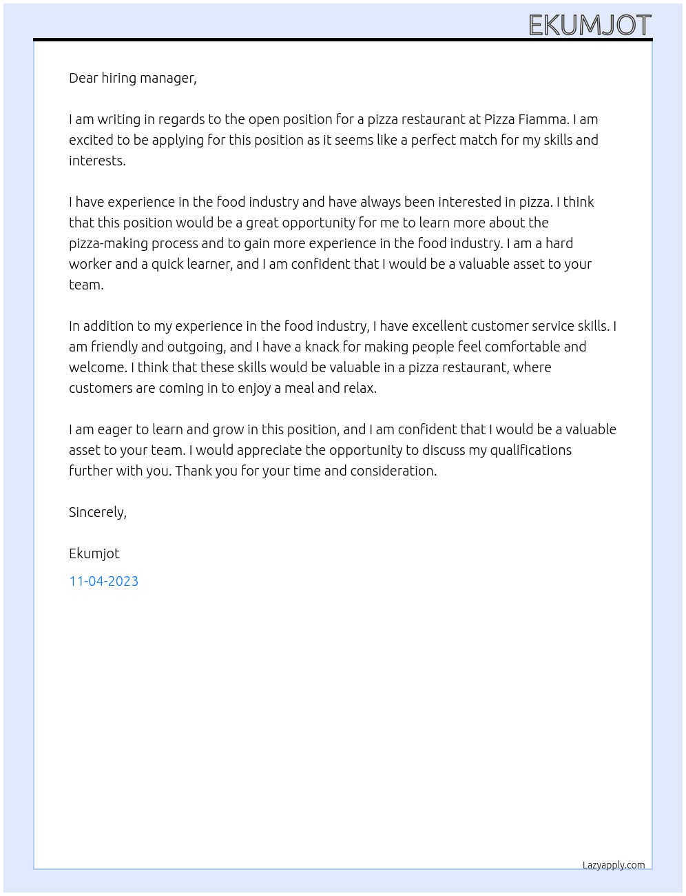 pizza restaurant  At Pizza Fiamma Cover Letter