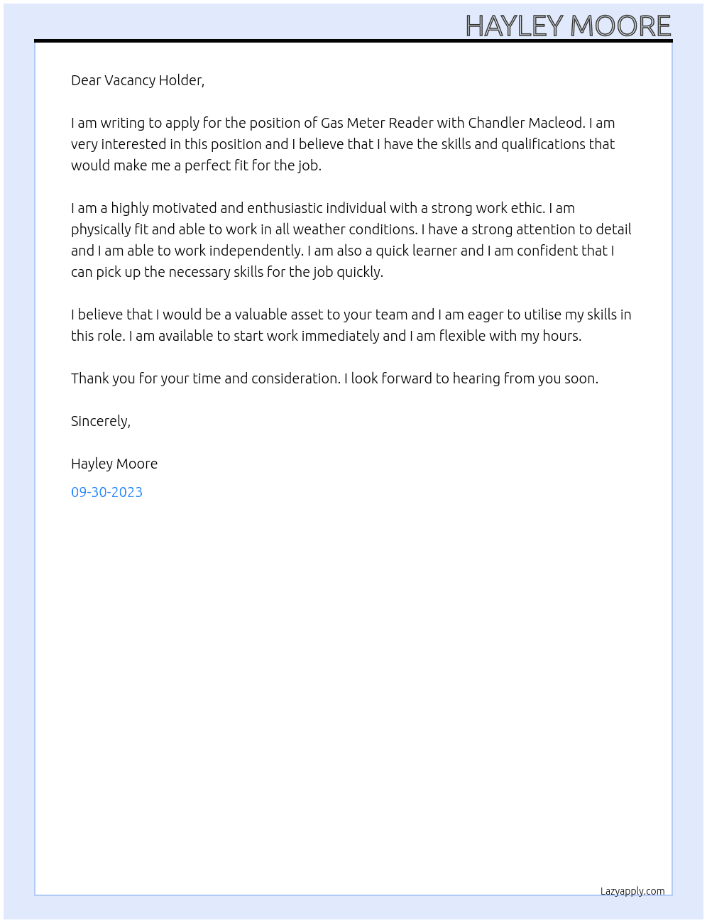 Gas meter reader At Chandler Macleod  Cover Letter
