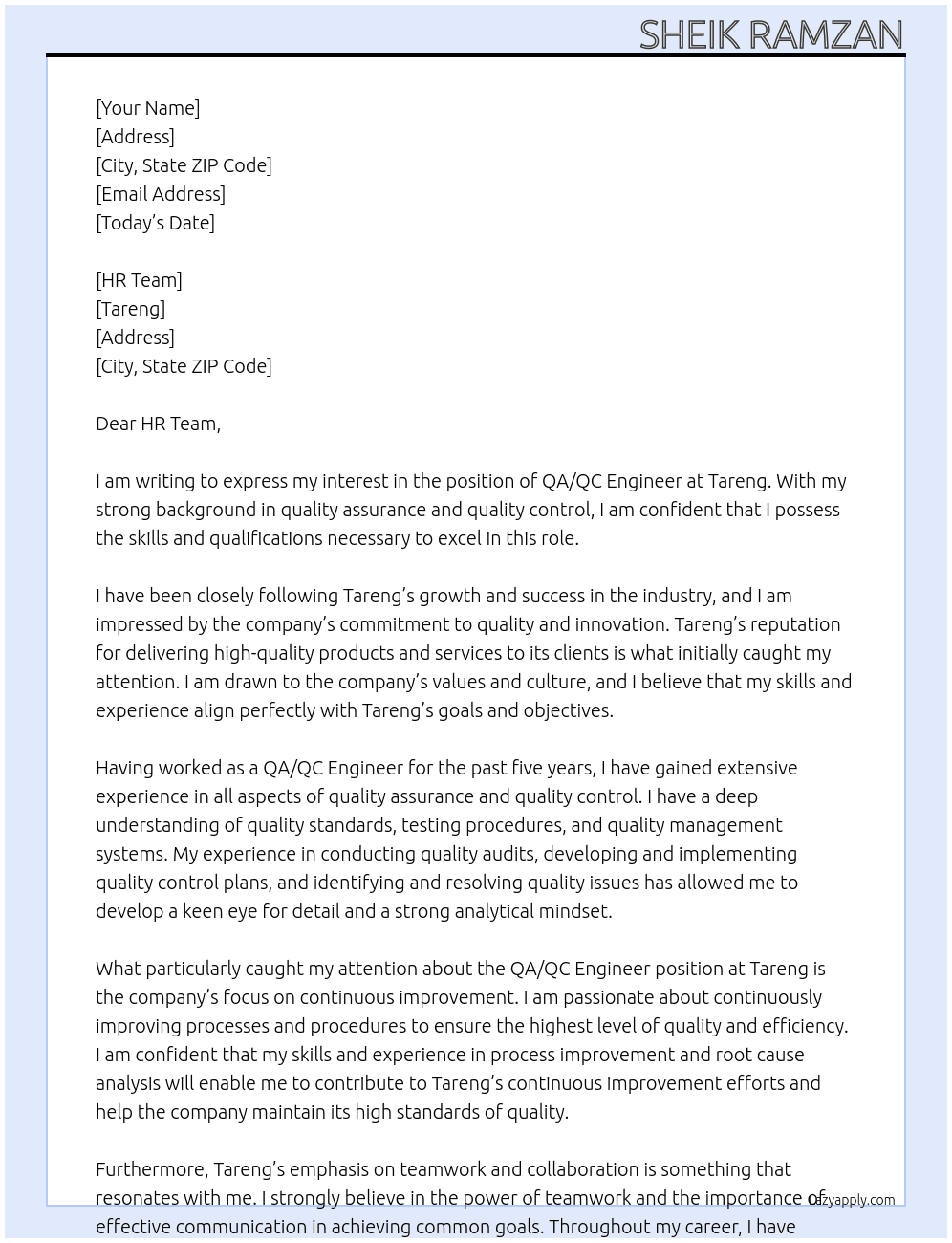 QA/QC Engineer At Tareng Cover Letter