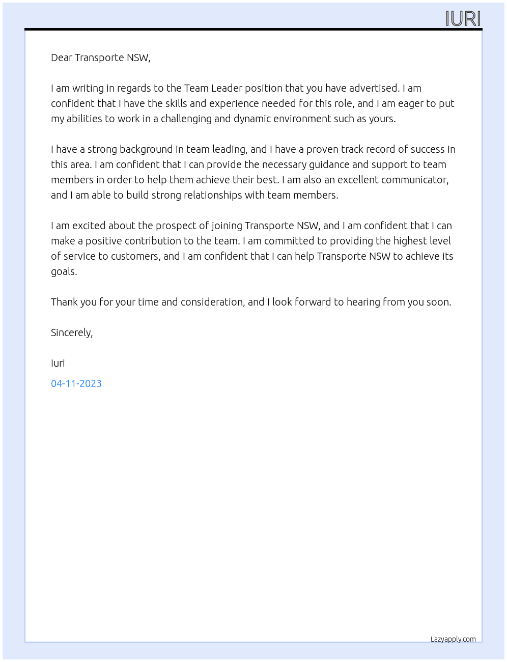 Team Leader At Transporte NSW Cover Letter