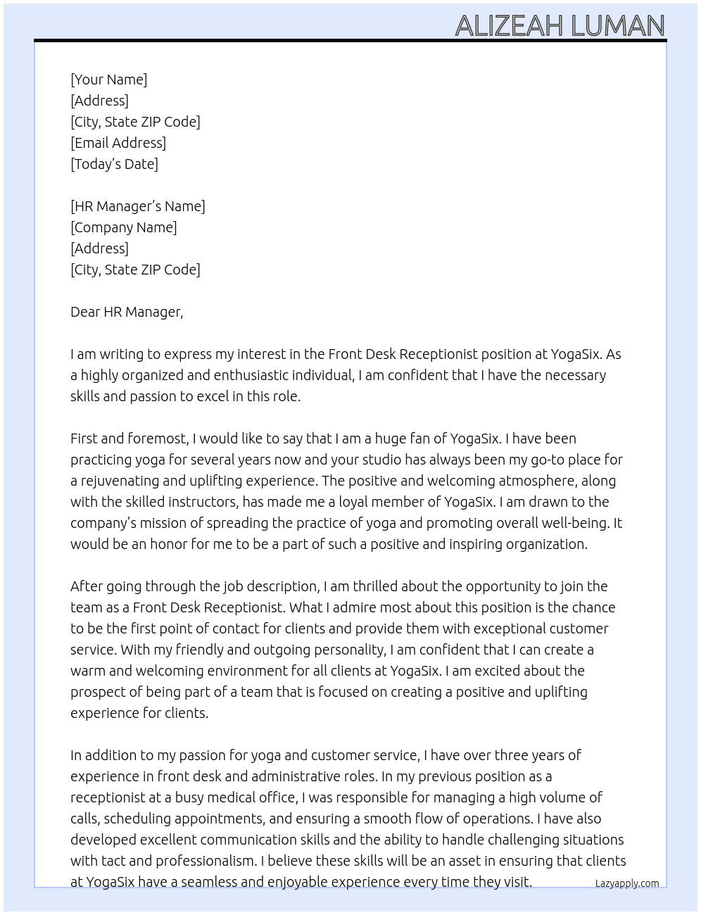 Front Desk Receptionist At YogaSix Cover Letter