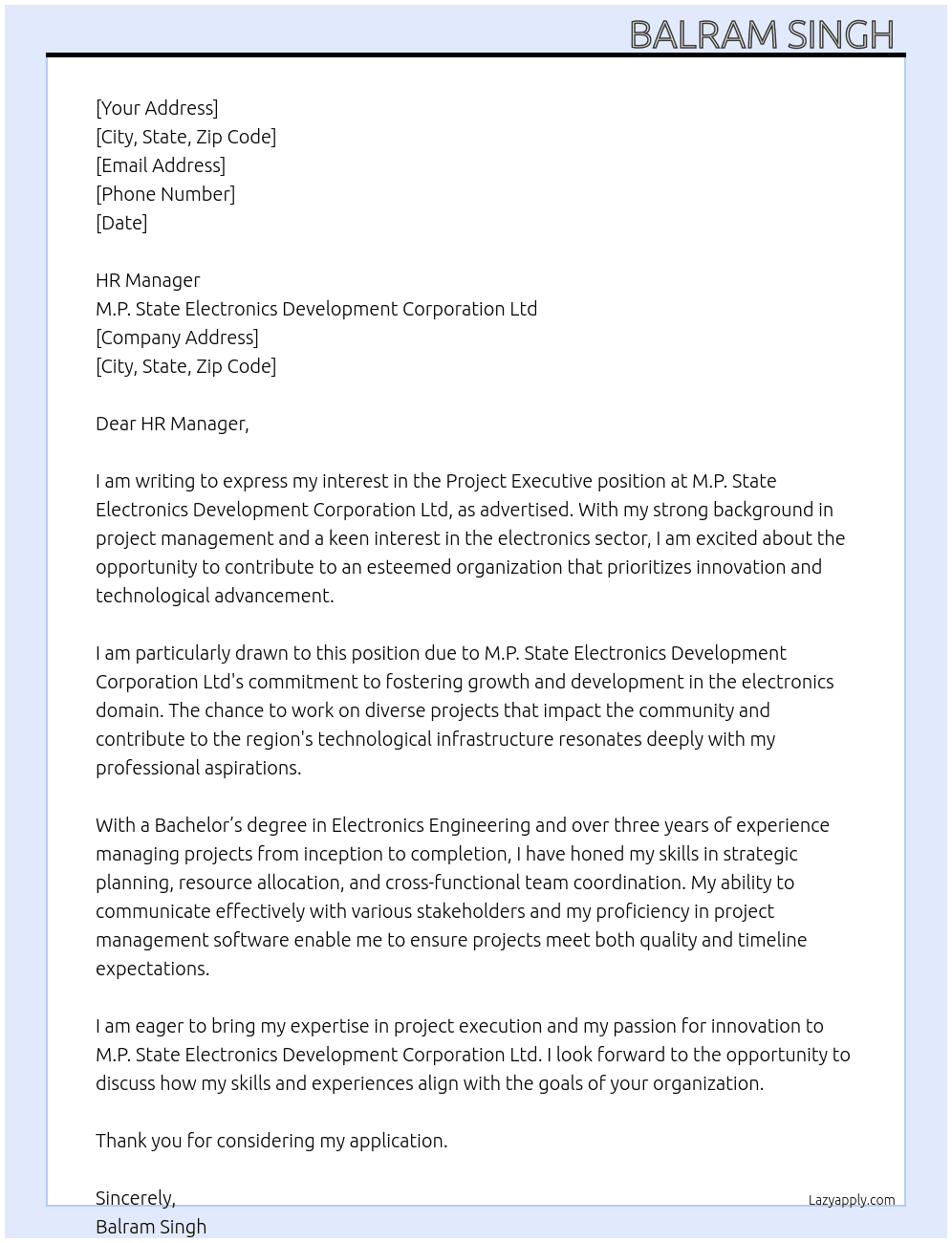 Project Executive At M.P. State Electronics Development Corporation Ltd Cover Letter
