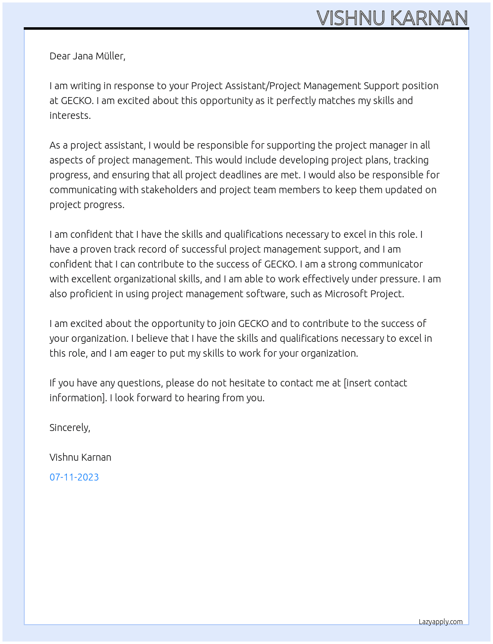 Project Assistant/Project Management Support At GECKO Cover Letter