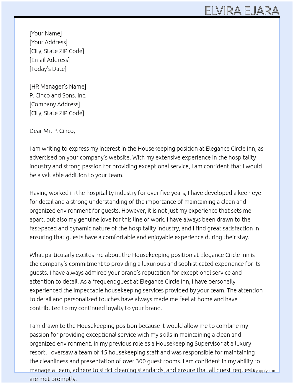 Housekeeping At Elegance Circle Inn Cover Letter