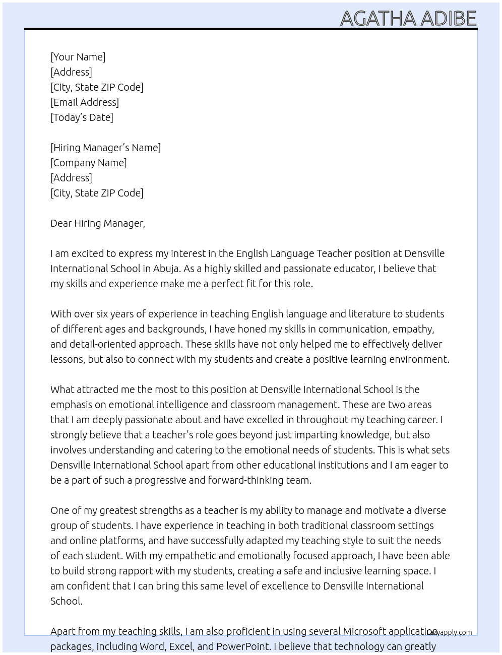 English Language Teacher  At Densville International School  Cover Letter