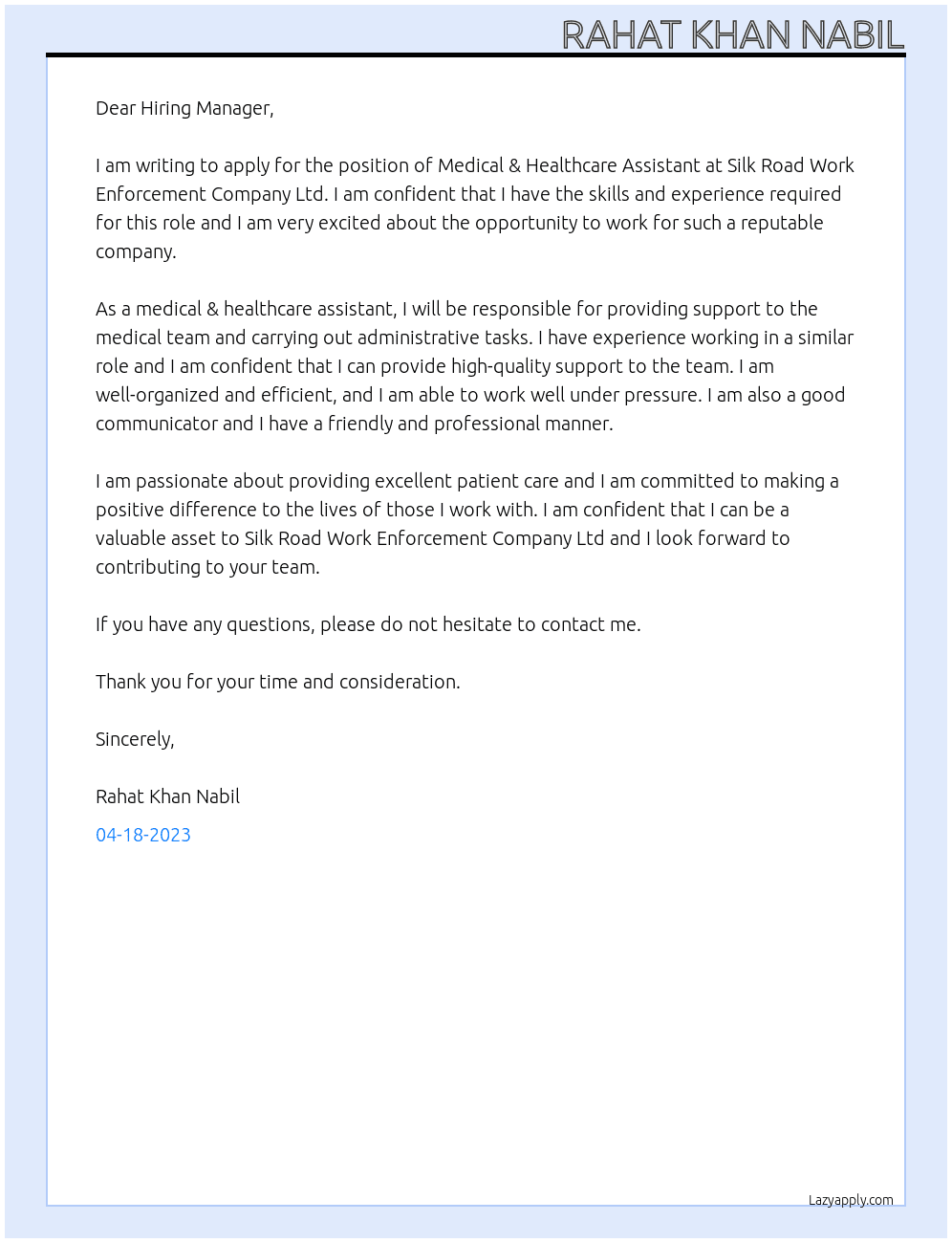Medical & Healthcare Assistant At Silk Road Work Enforcement Company Ltd. Cover Letter