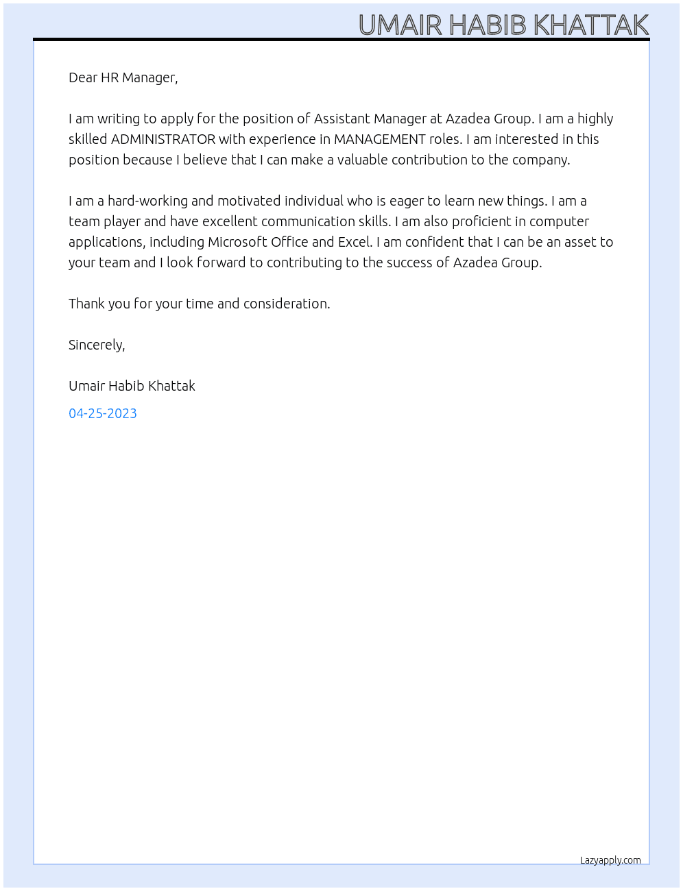 Assistant Manager At Azadea Group Cover Letter