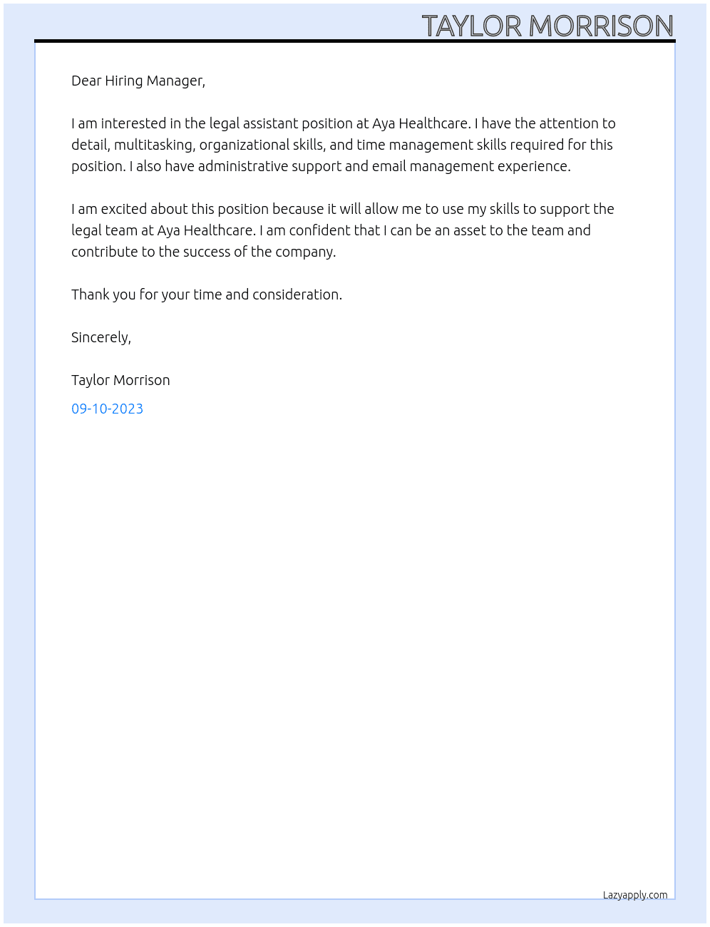 Legal Assistant At Aya Healthcare Cover Letter