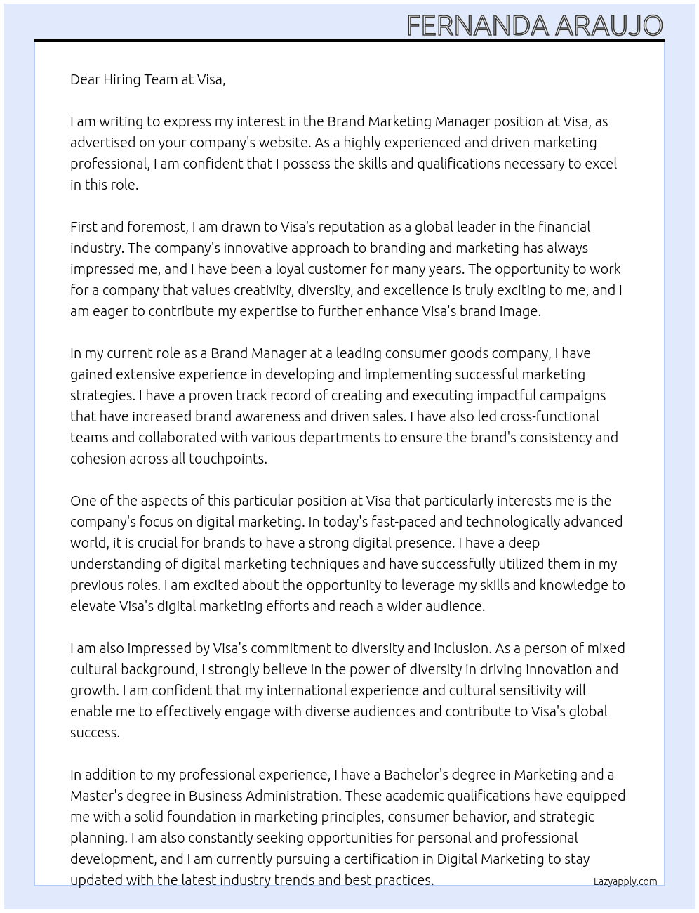 Brand Marketing Manager At Visa Cover Letter