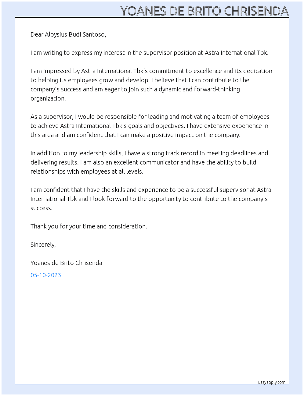 supervisor At Astra International Tbk. Cover Letter