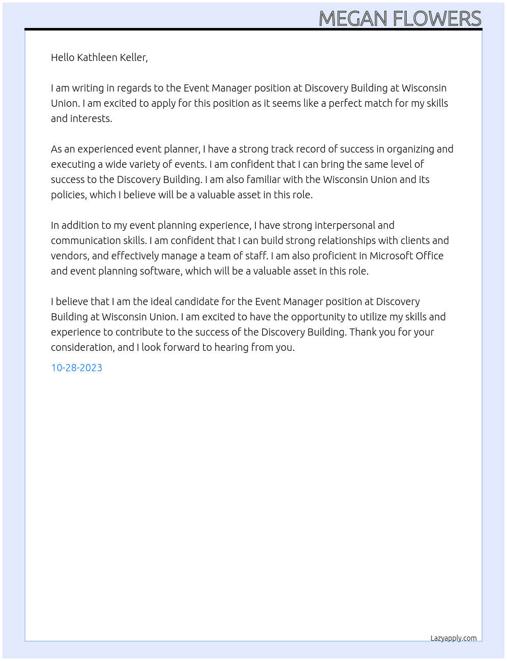 Event Manager At Discovery Building at Wisconsin Union Cover Letter