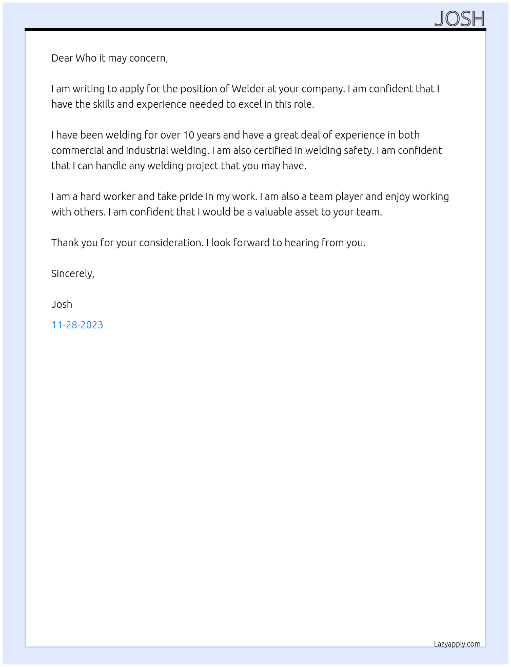 Welder At Who it may concern Cover Letter
