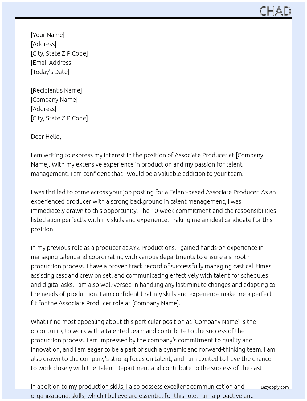 Associate producer  At unknown Cover Letter