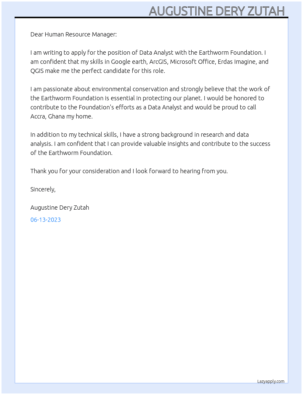 Data Analyst  At Earthworm Foundation  Cover Letter