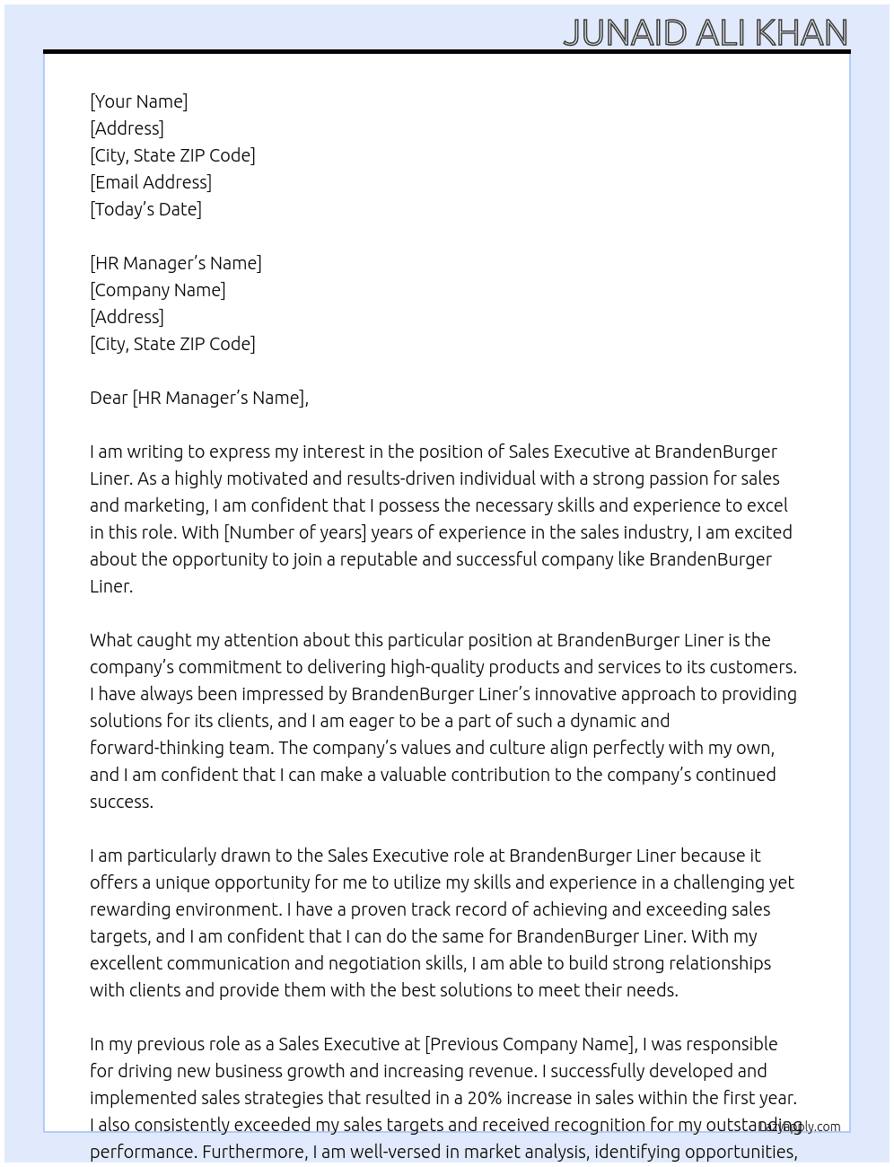 sales Executive At BrandenBurger Liner Cover Letter
