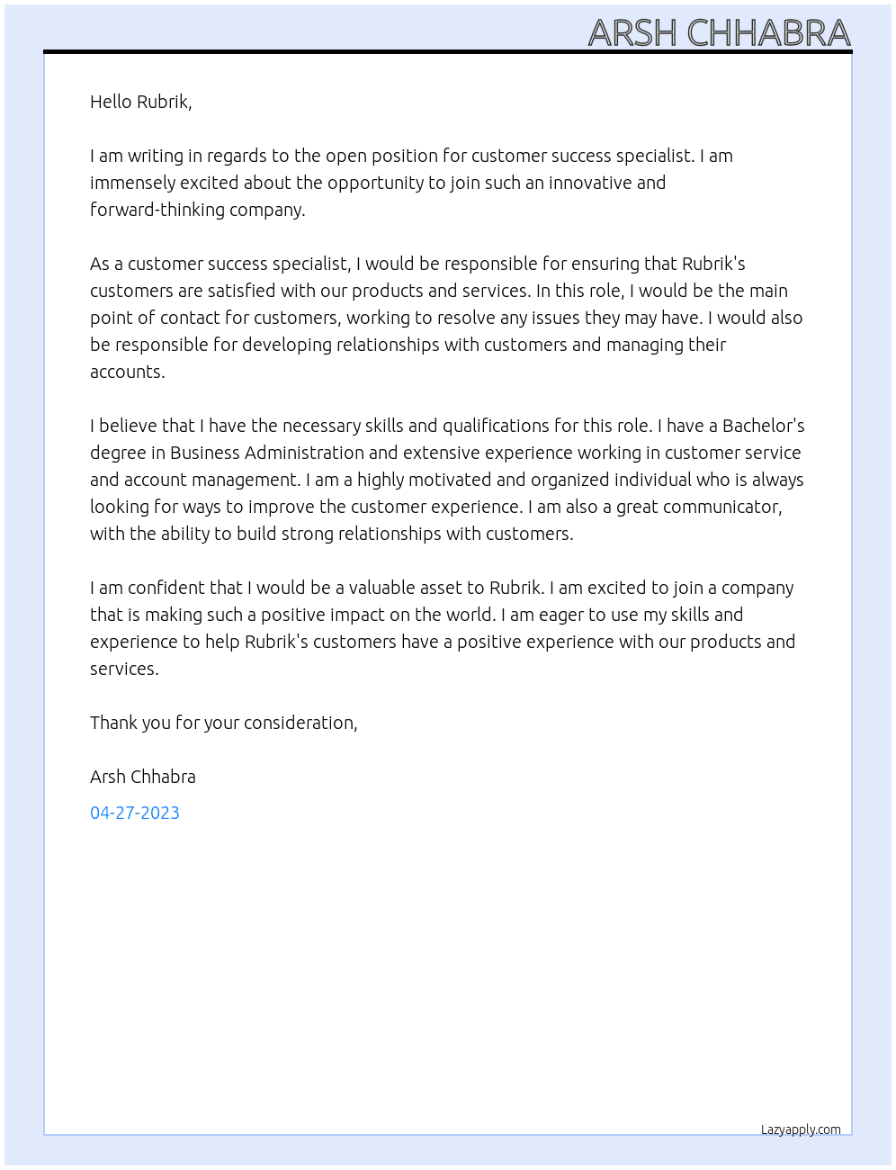 Customer success specialist  At Rubrik Cover Letter