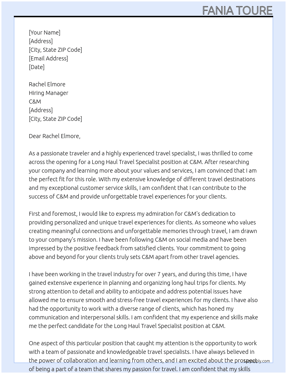 Long haul travel specialist  At C&M Cover Letter