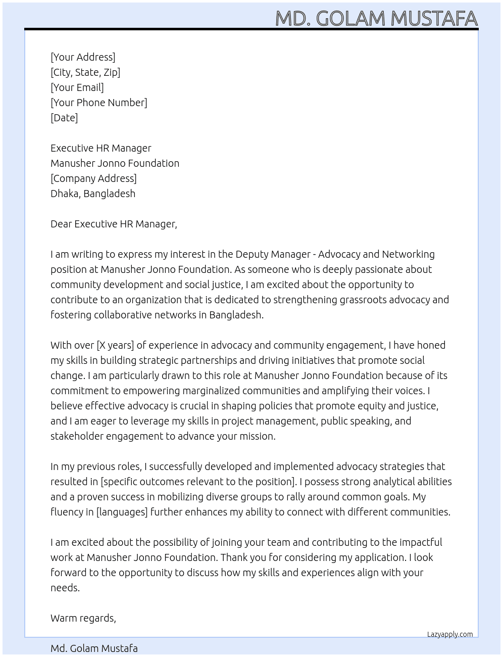 Cover letter for deputy manager - advocacy and networking - LazyApply