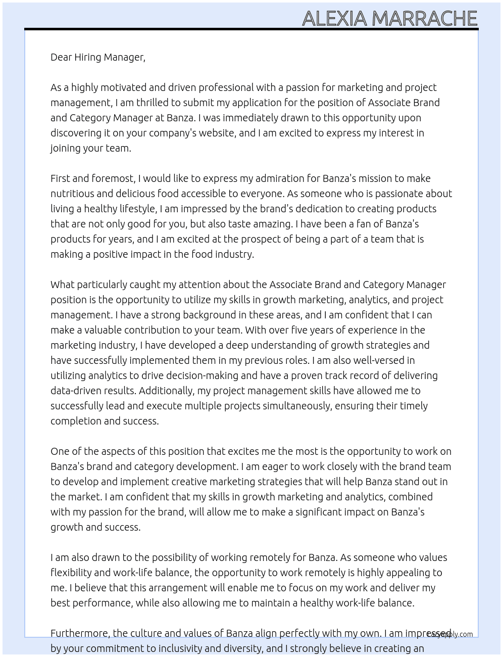 Associate Brand and Category Manager At Banza Cover Letter