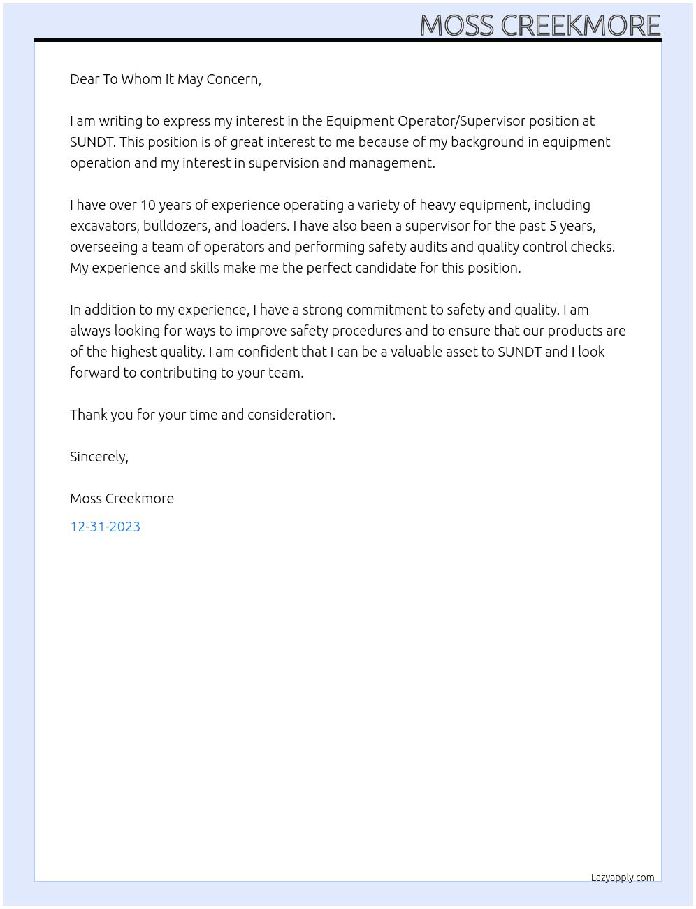 Equipment operator/supervisor At SUNDT Cover Letter