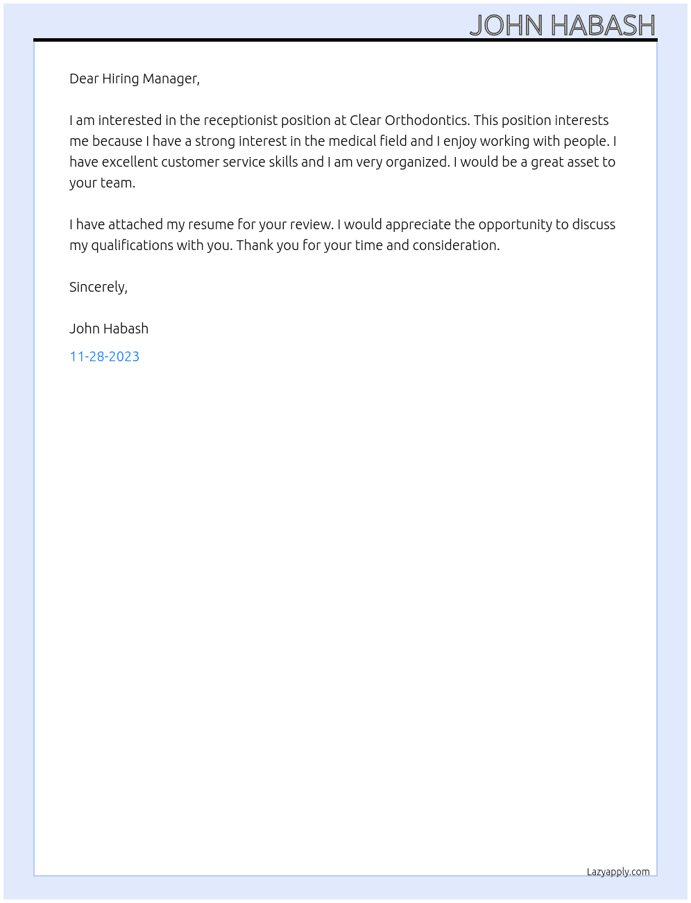 Receptionidst At Clear Orthodontics Cover Letter