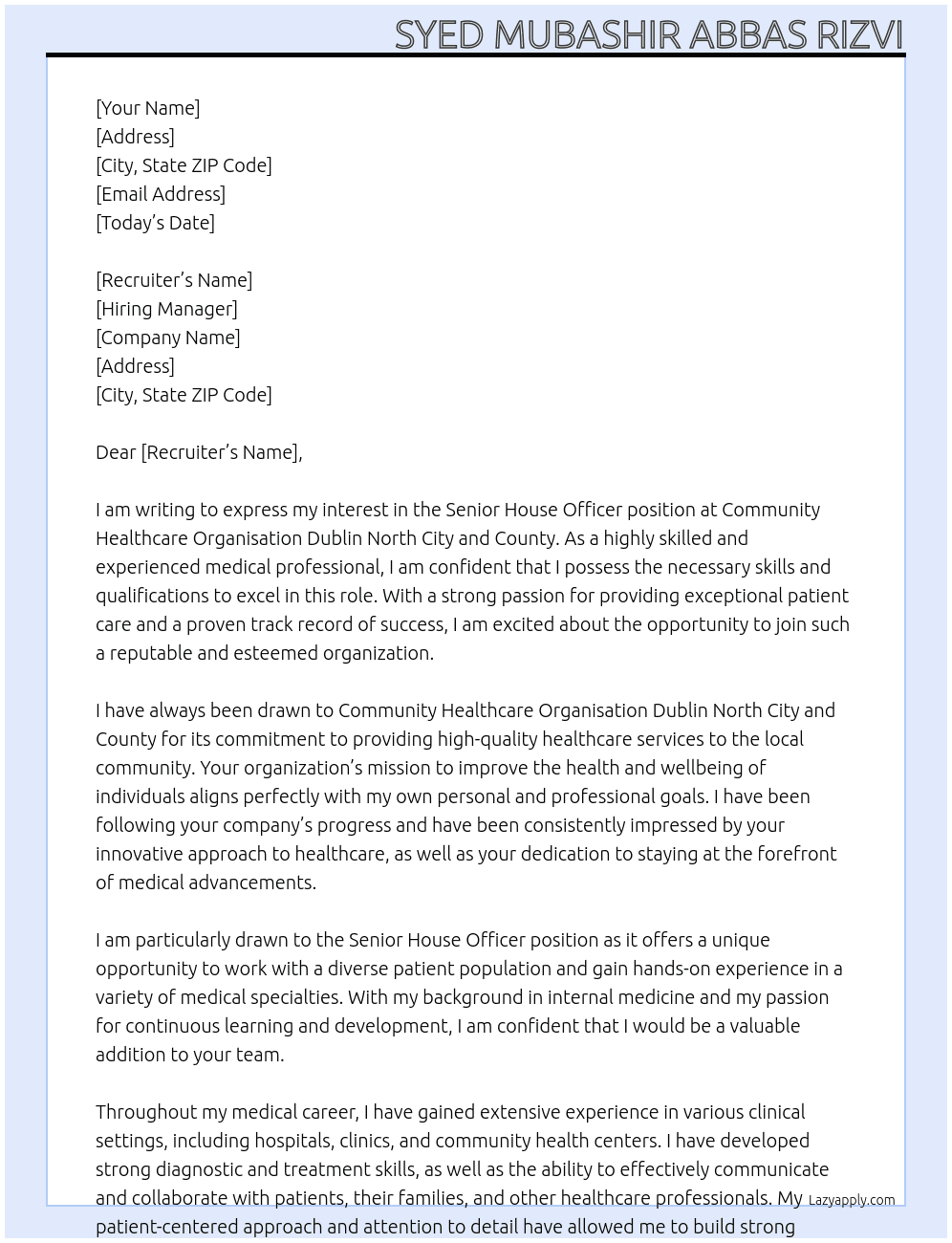 Senior House Officer At Community Healthcare Organisation Dublin North City and County Cover Letter