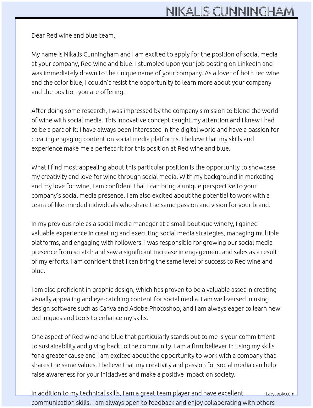 social media  At Red wine and blue  Cover Letter