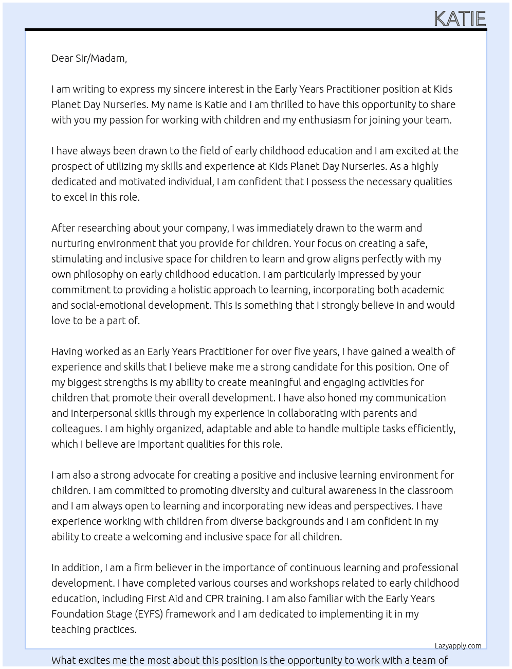 Early Years Practitioner At Kids Planet Day Nurseries Cover Letter