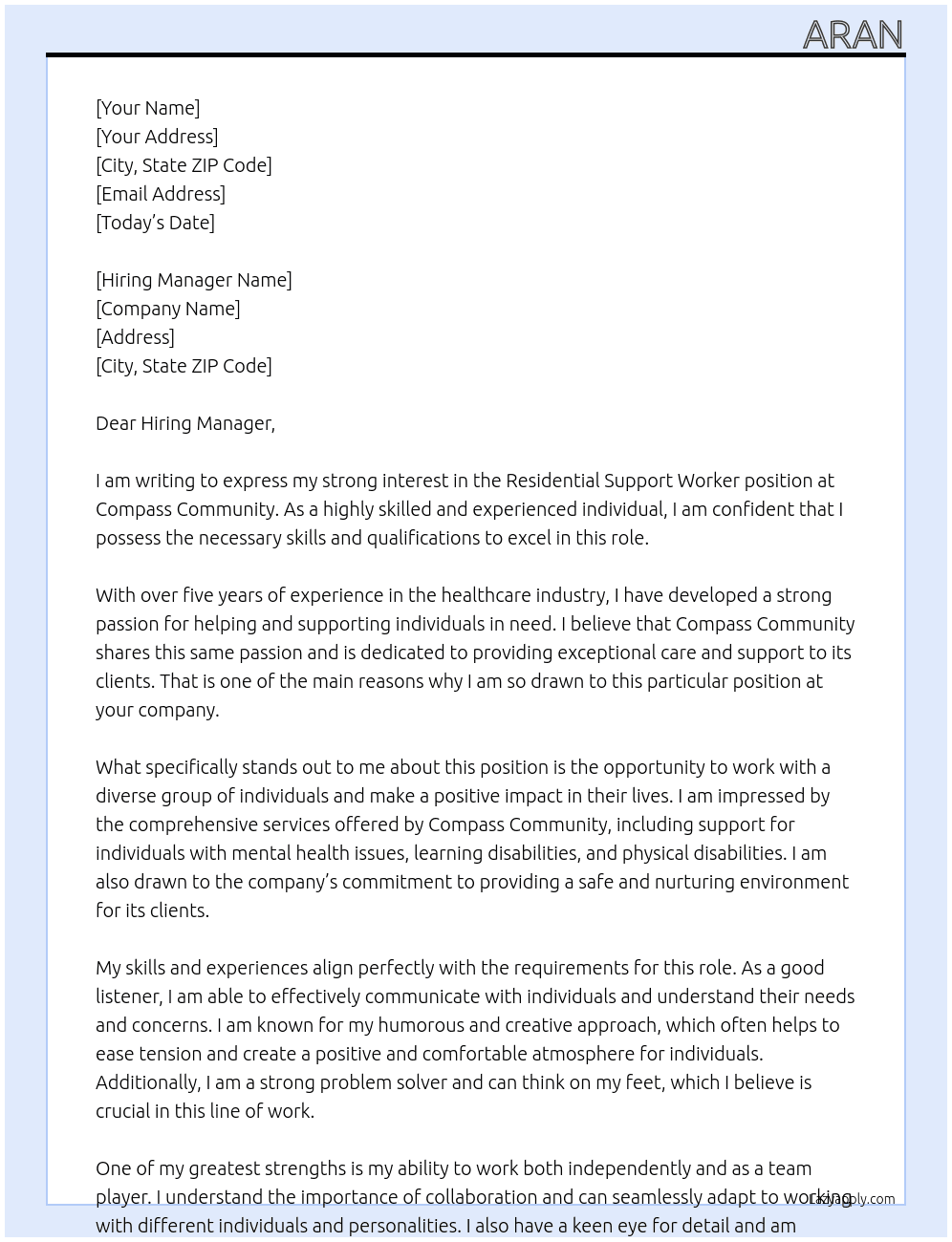 Residential Support Worker At Compass Community  Cover Letter