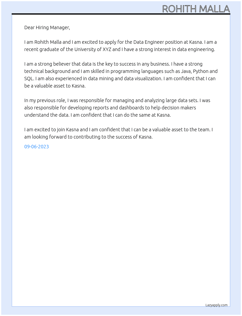 Data Engineer At Kasna  Cover Letter