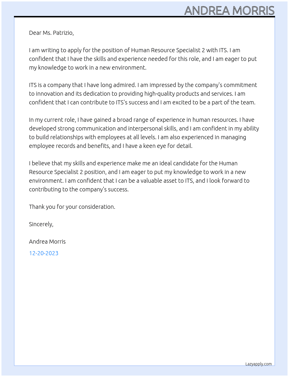 Human Resource Specialist 2 At ITS Cover Letter