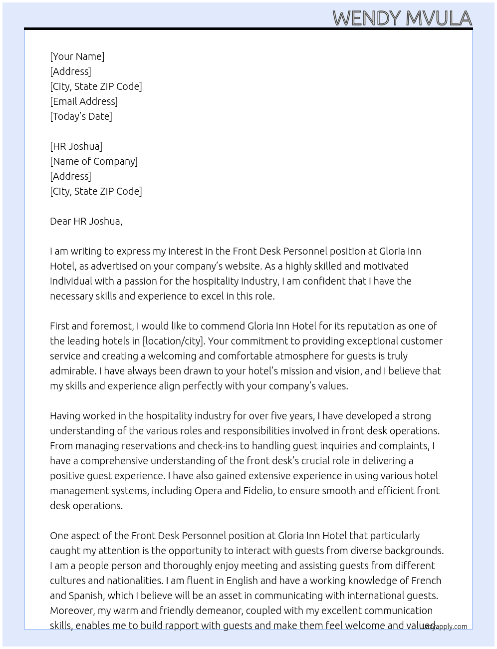 Front desk personnel  At Gloria inn hotel  Cover Letter
