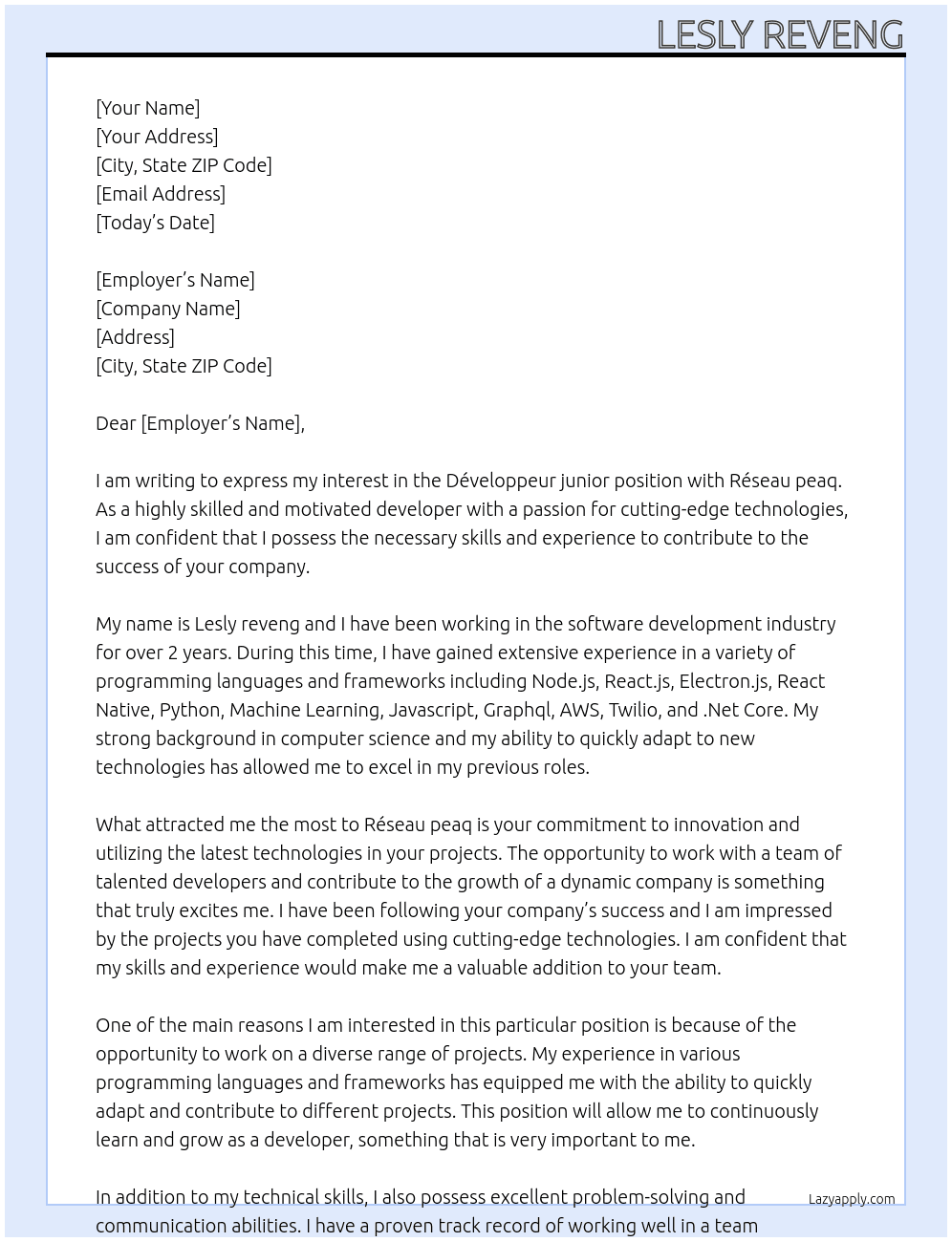 Développeur junior  At Réseau peaq Cover Letter