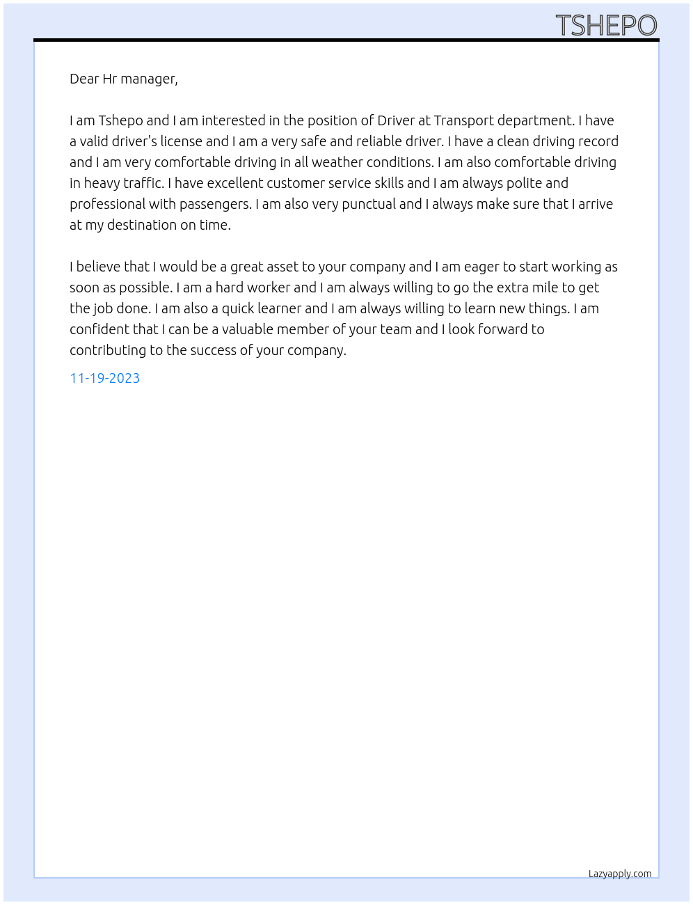 Driver At Transport department  Cover Letter