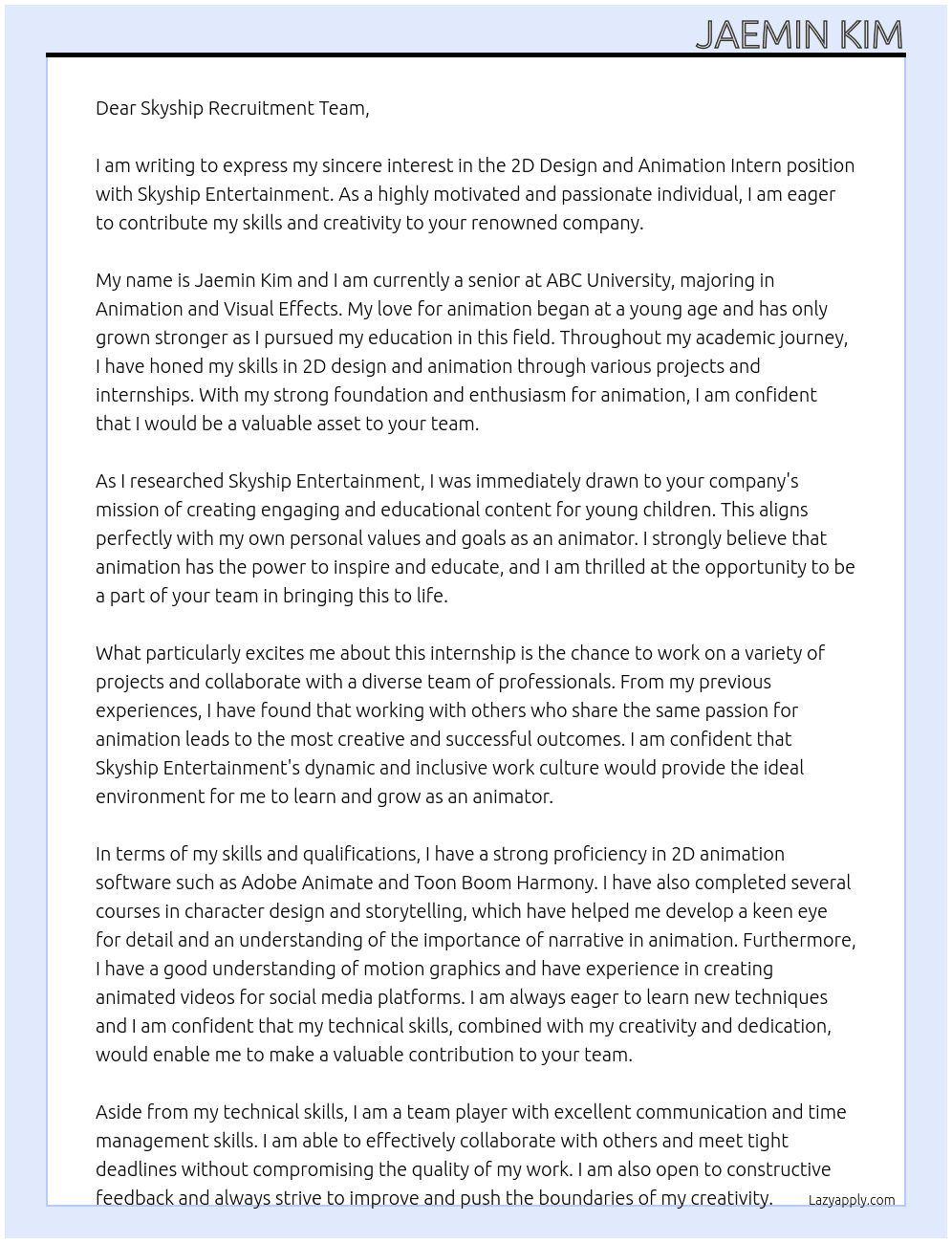 2D Design and Animation Intern At Skyship Entertainment Cover Letter