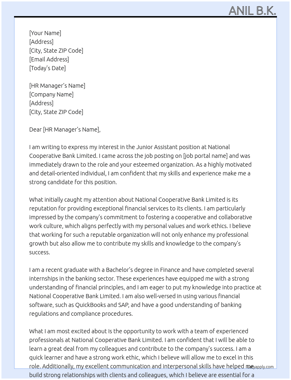 Junior Assistant  At National Cooperative Bank Limited  Cover Letter