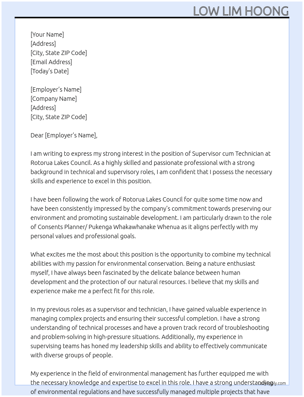 supervisor cum technician At Consents Planner/ Pukenga Whakawhanake Whenua Cover Letter