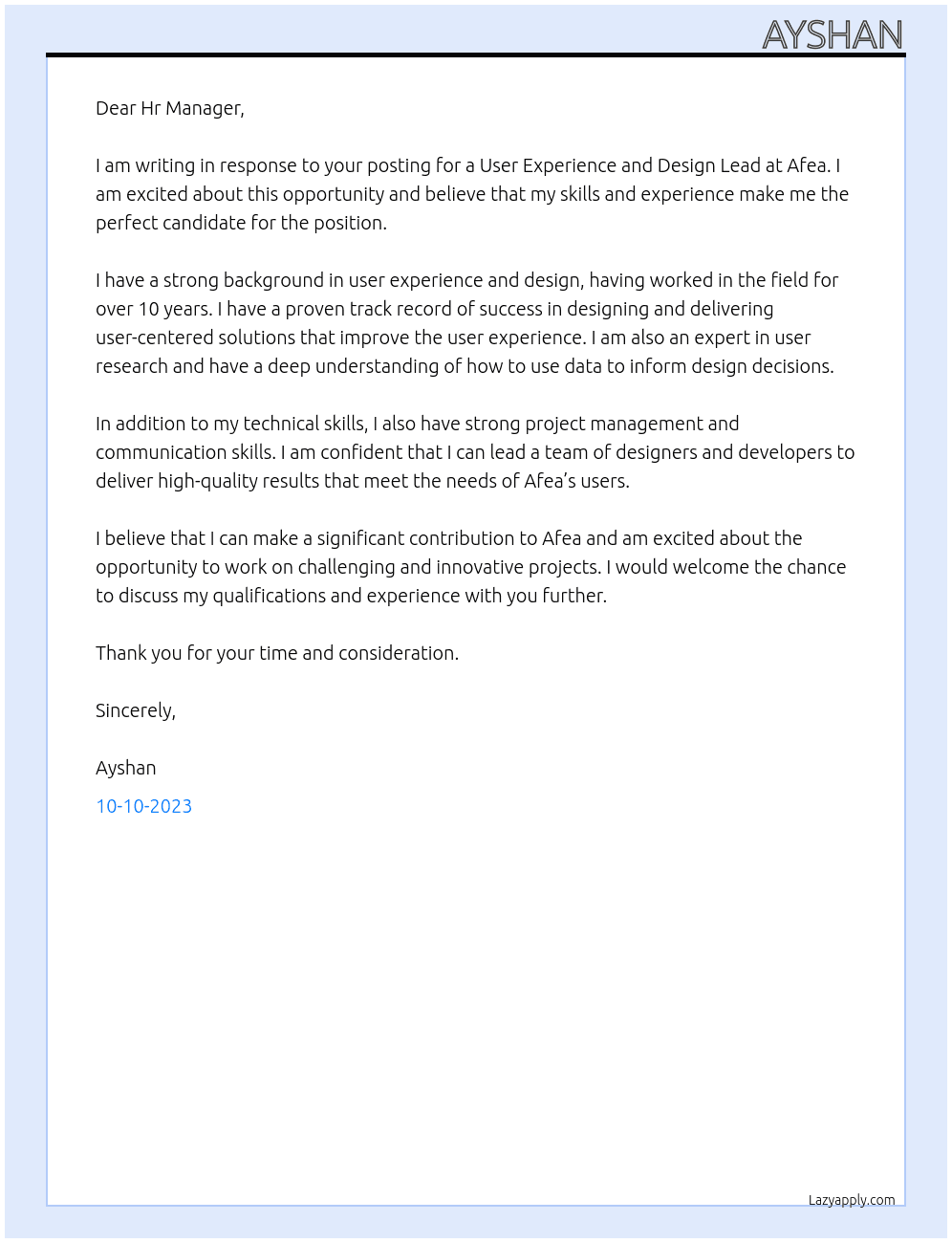 User Experience and Design Lead At Afea Cover Letter