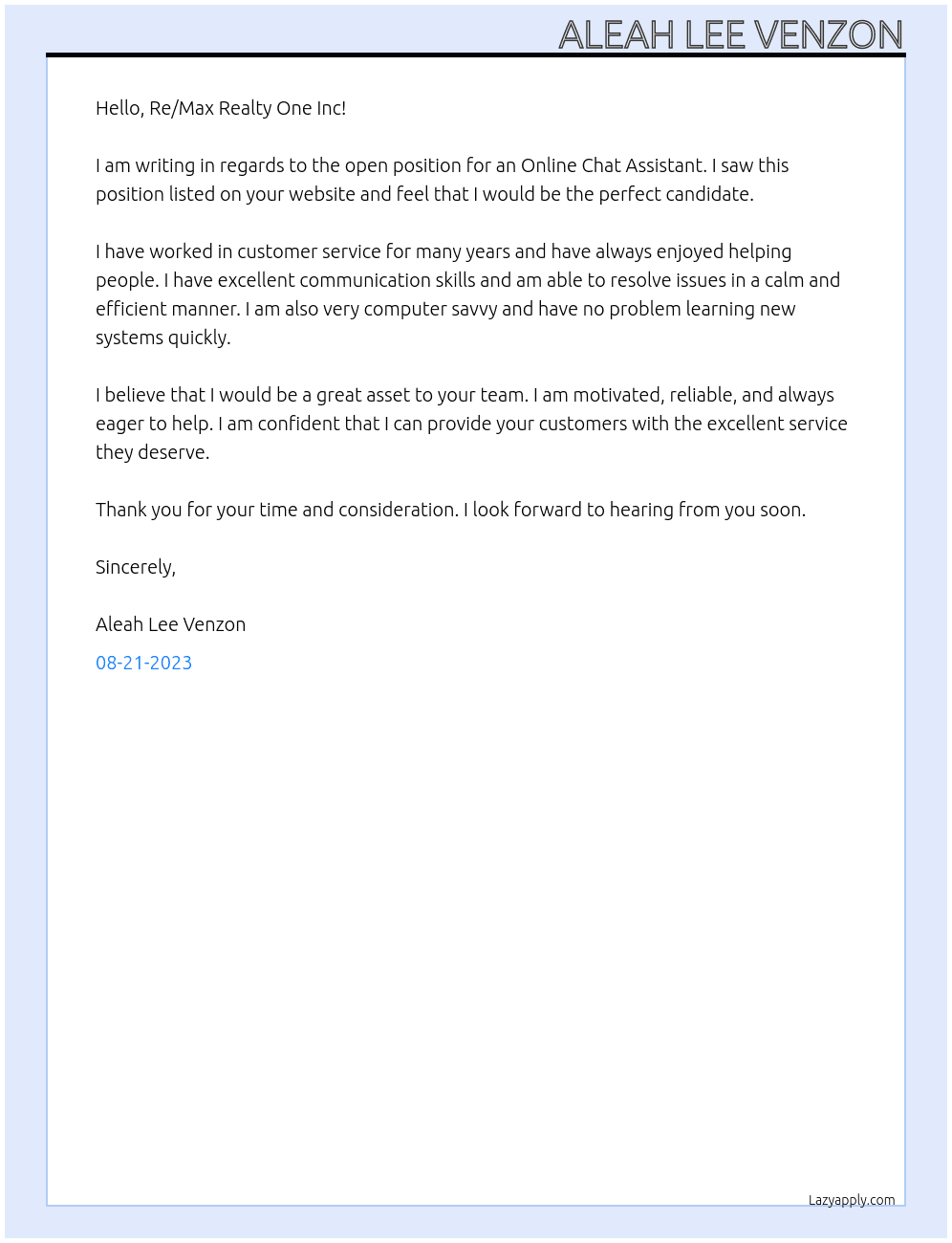 Online Chat Assistant At Re/Max Realty One Inc Cover Letter