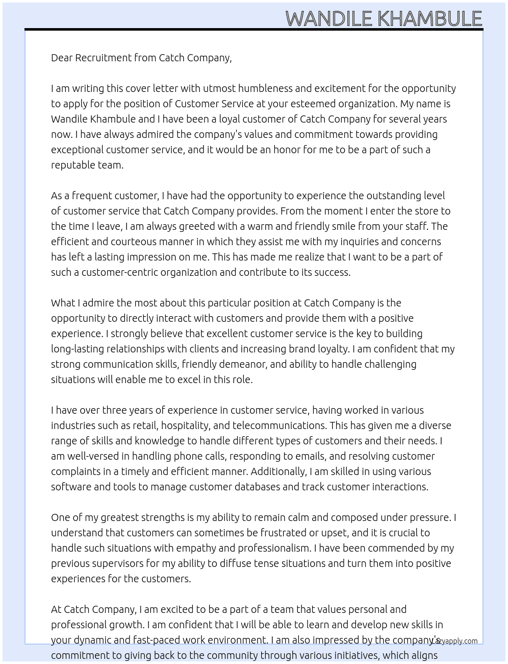 customer service  At Catch Company Cover Letter