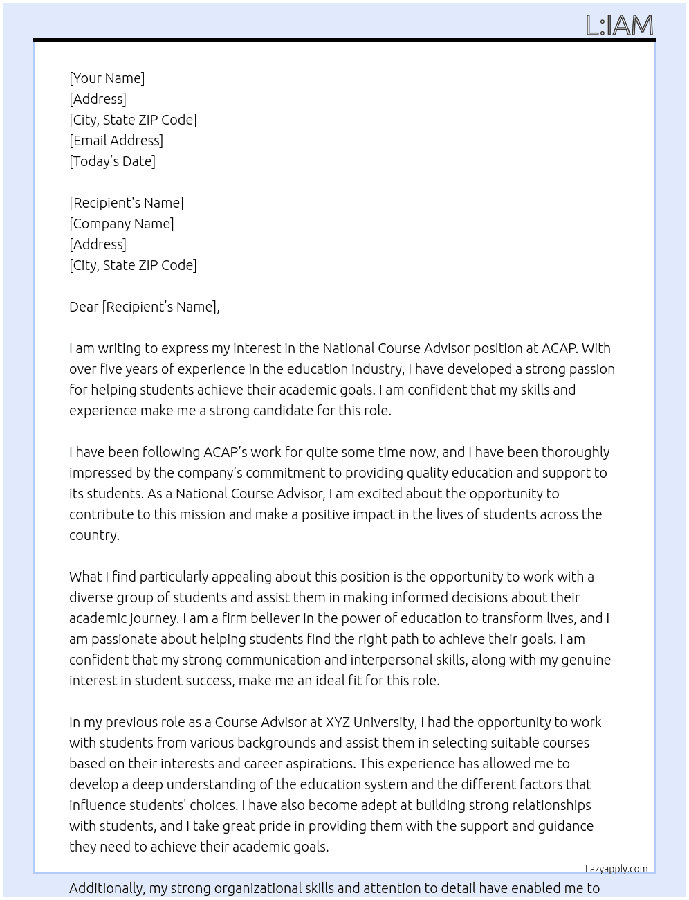 National Course advisor At ACAP Cover Letter