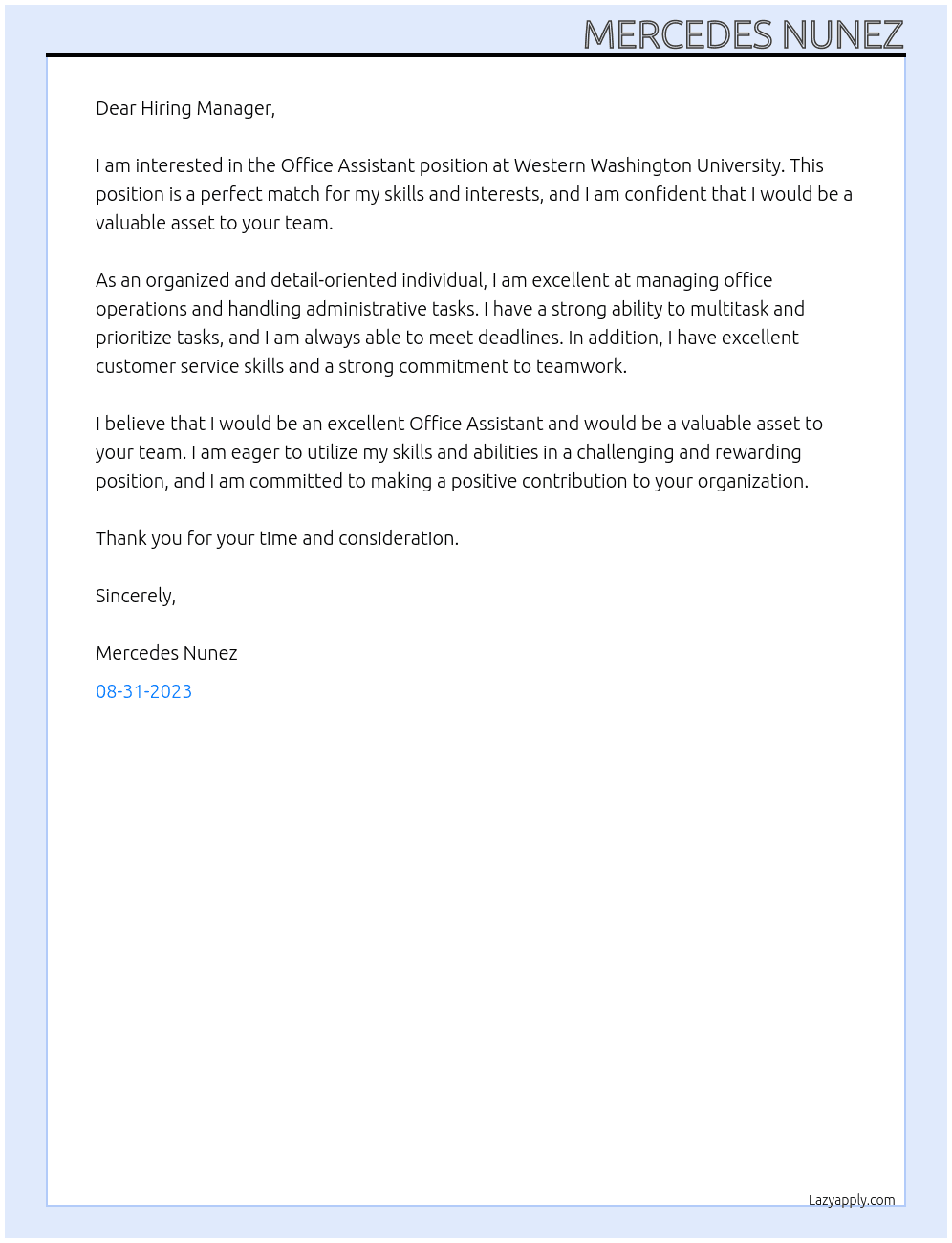Office Assistant At Western Washington University  Cover Letter