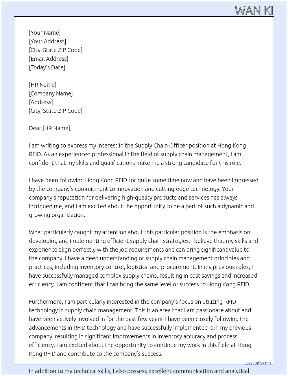 Supply chain officer At Hong Kong RFID Cover Letter