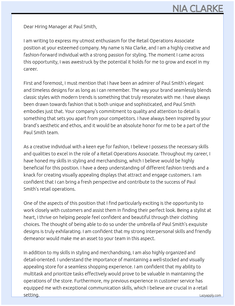 Retail Operations Associate At Paul Smith  Cover Letter