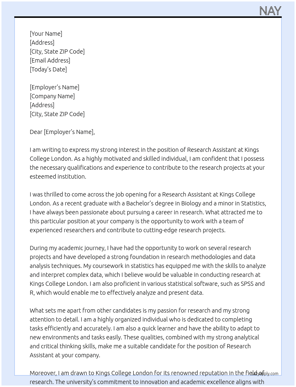 Research Assistant At Kings College London Cover Letter