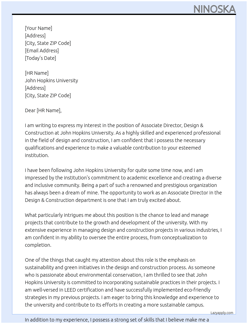 Associate Director, Design & Construction At John Hopkins University Cover Letter
