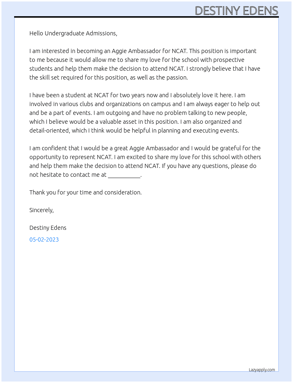 Aggie Ambassador  At NCAT Cover Letter