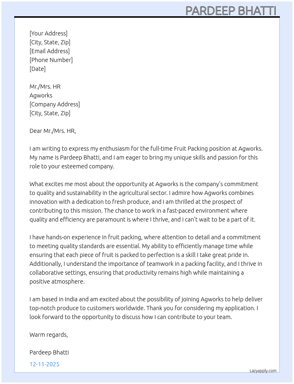 Fruit packing  At Agworks Cover Letter