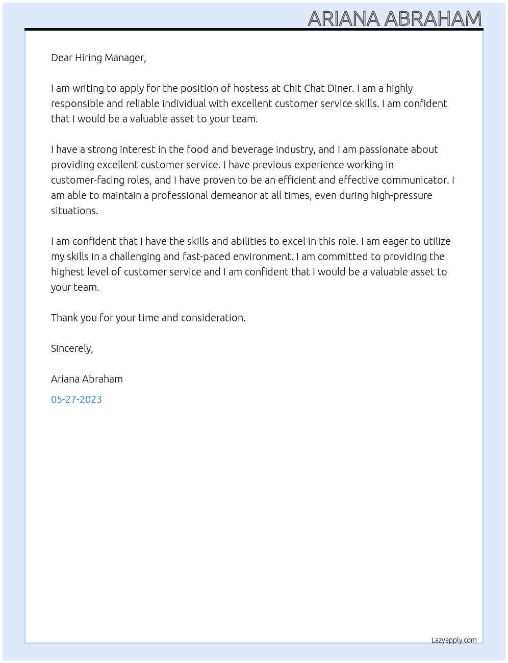Hostess At Chit Chat Diner Cover Letter
